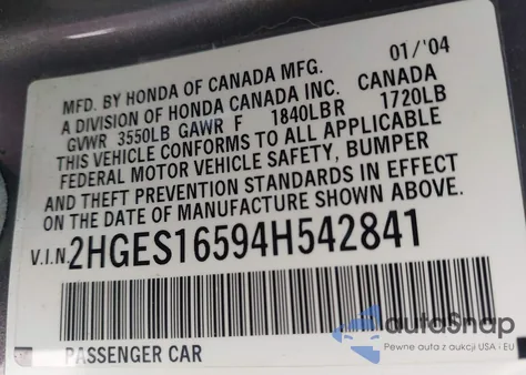 2004 Honda Civic Lx z USA, uszkodzony, nr VIN 2HGES16594H542841